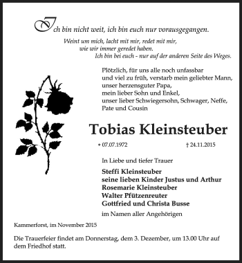 Traueranzeige von Tobias Kleinsteuber von Thüringer Allgemeine, Thüringische Landeszeitung