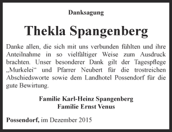 Traueranzeige von Thekla Spangenberg von Thüringer Allgemeine, Thüringische Landeszeitung