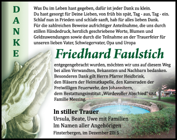 Traueranzeige von Friedhard Faulstich von Ostthüringer Zeitung, Thüringische Landeszeitung