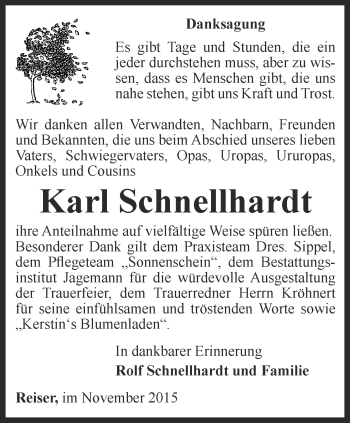 Traueranzeige von Karl Schnellhardt von Thüringer Allgemeine, Thüringische Landeszeitung