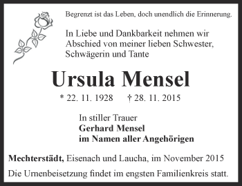 Traueranzeige von Ursula Mensel von Ostthüringer Zeitung, Thüringische Landeszeitung