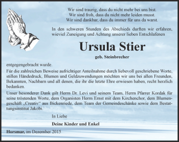 Traueranzeige von Ursula Stier von Thüringer Allgemeine, Thüringische Landeszeitung