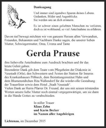 Traueranzeige von Gerda Prause von Ostthüringer Zeitung