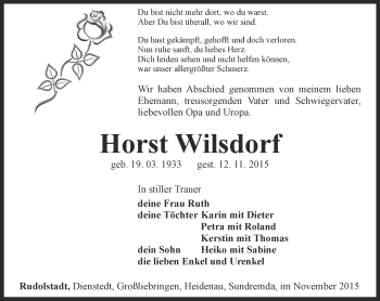 Traueranzeige von Horst Wilsdorf von Ostthüringer Zeitung