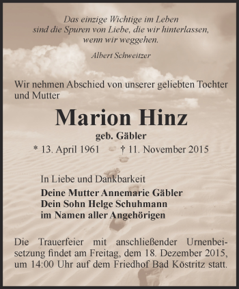 Traueranzeige von Marion Hinz von Ostthüringer Zeitung