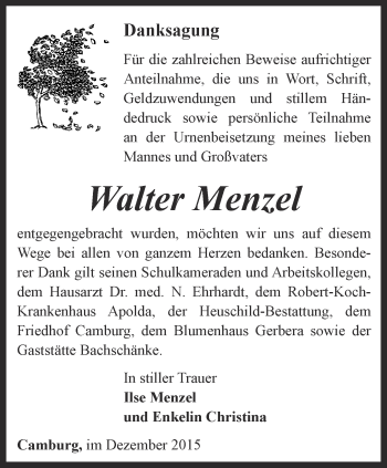 Traueranzeige von Walter Menzel von Ostthüringer Zeitung, Thüringische Landeszeitung