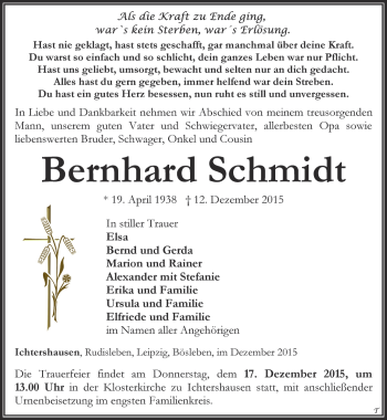 Traueranzeige von Bernhard Schmidt von Thüringer Allgemeine