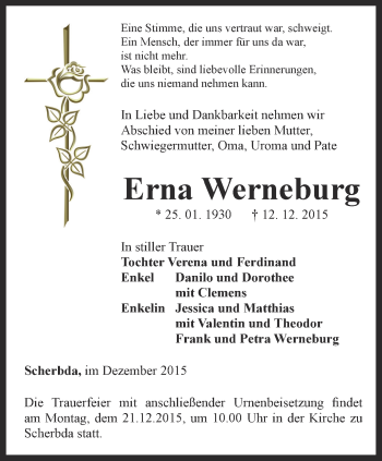 Traueranzeige von Erna Werneburg von Thüringer Allgemeine, Thüringische Landeszeitung