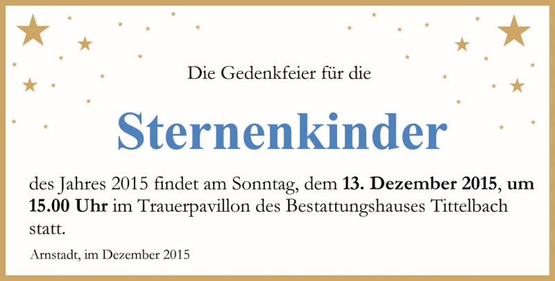  Traueranzeige für Sternenkinder  vom 10.12.2015 aus Thüringer Allgemeine