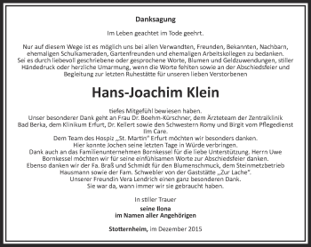 Traueranzeige von Hans-Joachim Klein