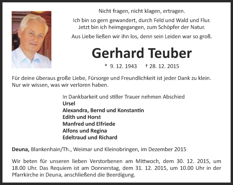  Traueranzeige für Gerhard Teuber vom 30.12.2015 aus Thüringer Allgemeine