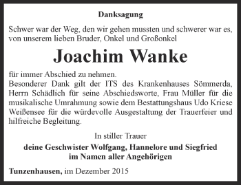 Traueranzeige von Joachim Wanke von Thüringer Allgemeine