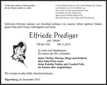 Traueranzeige von Elfriede Prediger von Thüringer Allgemeine