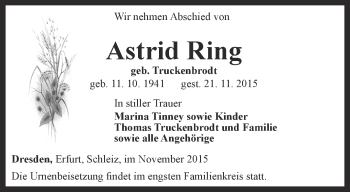 Traueranzeige von Astrid Ring von Ostthüringer Zeitung