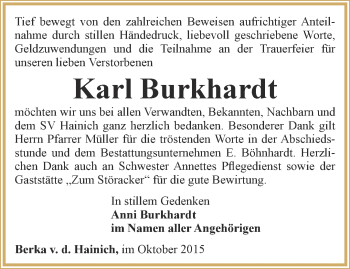 Traueranzeige von Karl Burkhardt von Thüringer Allgemeine, Thüringische Landeszeitung