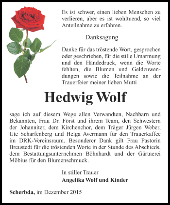 Traueranzeige von Hedwig Wolf von Thüringer Allgemeine, Thüringische Landeszeitung