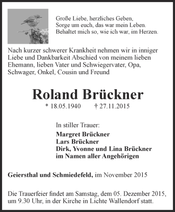 Traueranzeige von Roland Brückner von Ostthüringer Zeitung