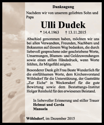 Traueranzeige von Ulli Dudek von Ostthüringer Zeitung