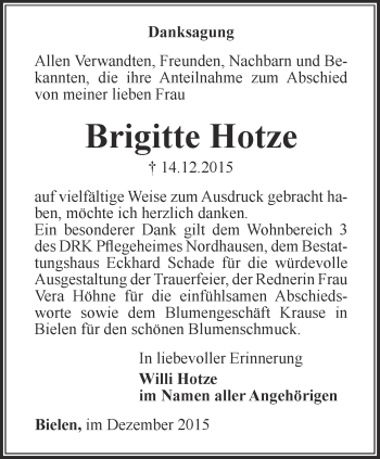 Traueranzeige von Brigitte Hotze von Thüringer Allgemeine