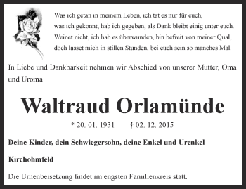 Traueranzeige von Waltraud Orlamünde von Thüringer Allgemeine