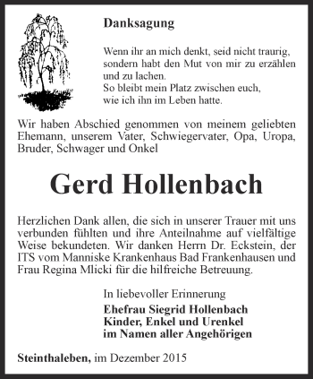 Traueranzeige von Gerd Hollenbach von Thüringer Allgemeine