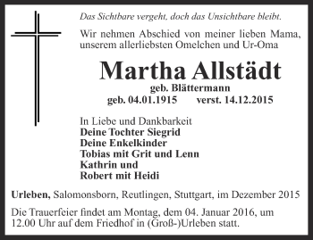 Traueranzeige von Martha Allstädt von Thüringer Allgemeine, Thüringische Landeszeitung