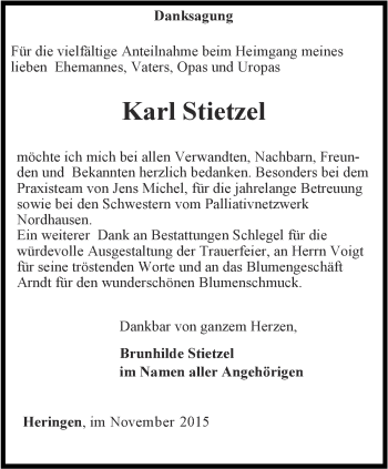 Traueranzeige von Karl Stietzel von Thüringer Allgemeine