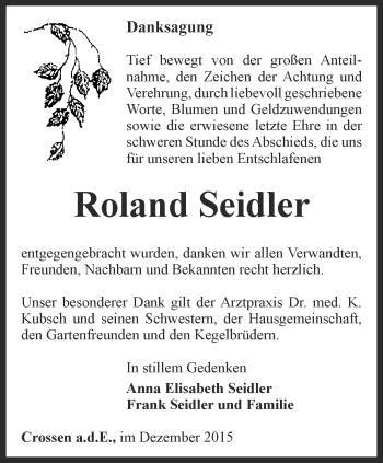 Traueranzeige von Roland Seidler von Ostthüringer Zeitung