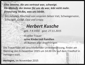 Traueranzeige von Herbert Kusche von Thüringer Allgemeine