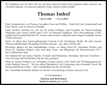 Traueranzeige von Thomas Imhof von Ostthüringer Zeitung, Thüringische Landeszeitung