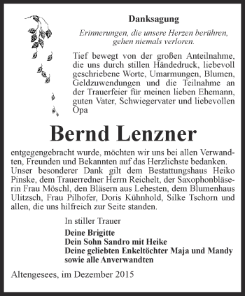 Traueranzeige von Bernd Lenzner von Ostthüringer Zeitung