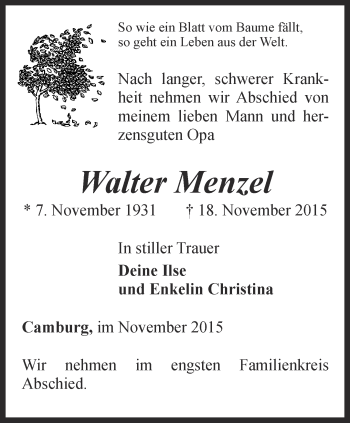 Traueranzeige von Walter Menzel von Ostthüringer Zeitung, Thüringische Landeszeitung