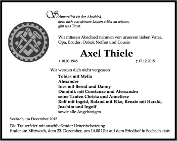 Traueranzeige von Axel Thiele von Thüringer Allgemeine, Thüringische Landeszeitung