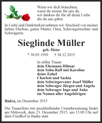 Traueranzeige von Sieglinde Müller von Thüringer Allgemeine