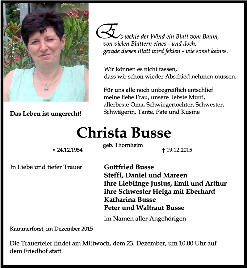  Traueranzeige für Christa Busse vom 22.12.2015 aus Thüringer Allgemeine, Thüringische Landeszeitung