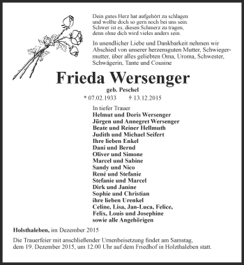 Traueranzeige von Frieda Wersenger von Thüringer Allgemeine