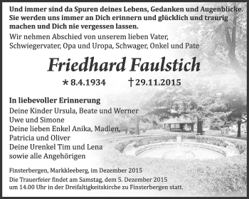 Traueranzeige von Friedhard Faulstich von Ostthüringer Zeitung, Thüringische Landeszeitung