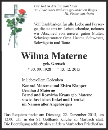 Traueranzeige von Wilma Materne von Thüringer Allgemeine, Thüringische Landeszeitung