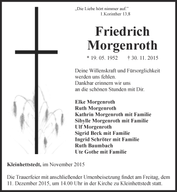 Traueranzeige von Friedrich Morgenroth von Thüringer Allgemeine