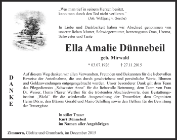 Traueranzeige von Ella Amalie Dünnebeil von Thüringer Allgemeine, Thüringische Landeszeitung