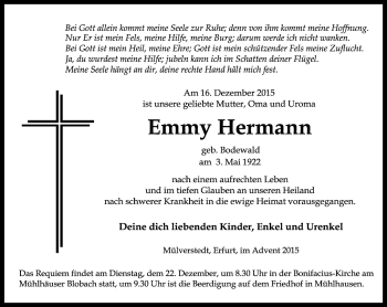 Traueranzeige von Emmy Hermann von Thüringer Allgemeine, Thüringische Landeszeitung