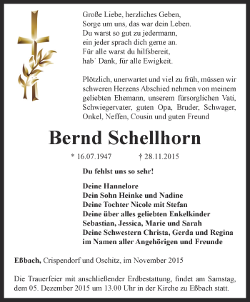 Traueranzeige von Bernd Schellhorn von Ostthüringer Zeitung