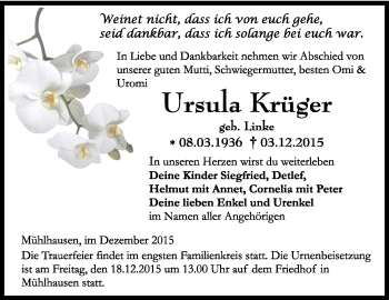 Traueranzeige von Ursula Krüger von Thüringer Allgemeine, Thüringische Landeszeitung