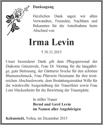 Traueranzeige von Irma Levin von Thüringer Allgemeine