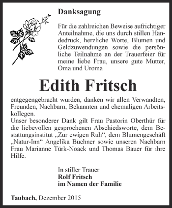 Traueranzeige von Edith Fritsch von Thüringer Allgemeine, Thüringische Landeszeitung