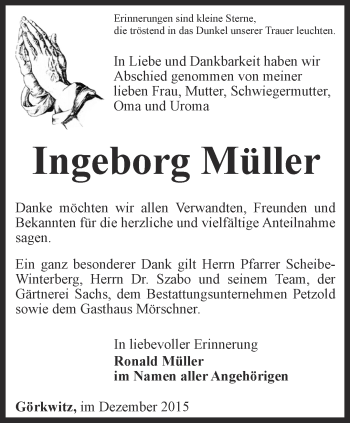 Traueranzeige von Ingeborg Müller von Ostthüringer Zeitung