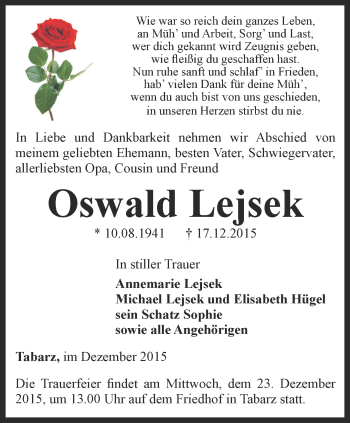 Traueranzeige von Oswald Lejsek von Ostthüringer Zeitung, Thüringische Landeszeitung