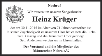 Traueranzeige von Heinz Krüger von Thüringer Allgemeine, Thüringische Landeszeitung