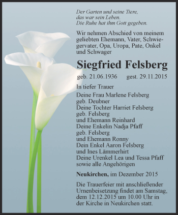 Traueranzeige von Siegfried Felsberg von Thüringer Allgemeine, Thüringische Landeszeitung