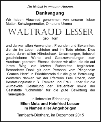 Traueranzeige von Waltraud Lesser von Ostthüringer Zeitung, Thüringische Landeszeitung